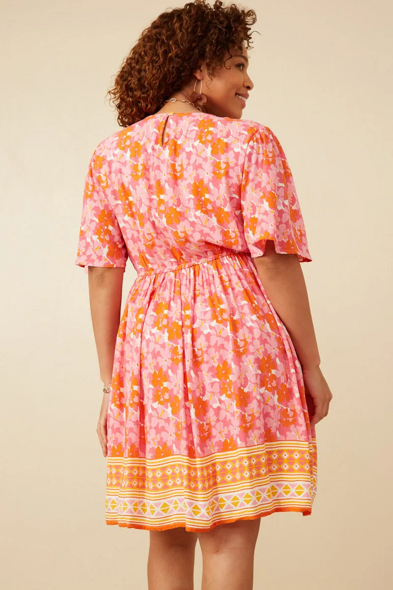 Womens Bordered Hem Floral Print V Neck Dress