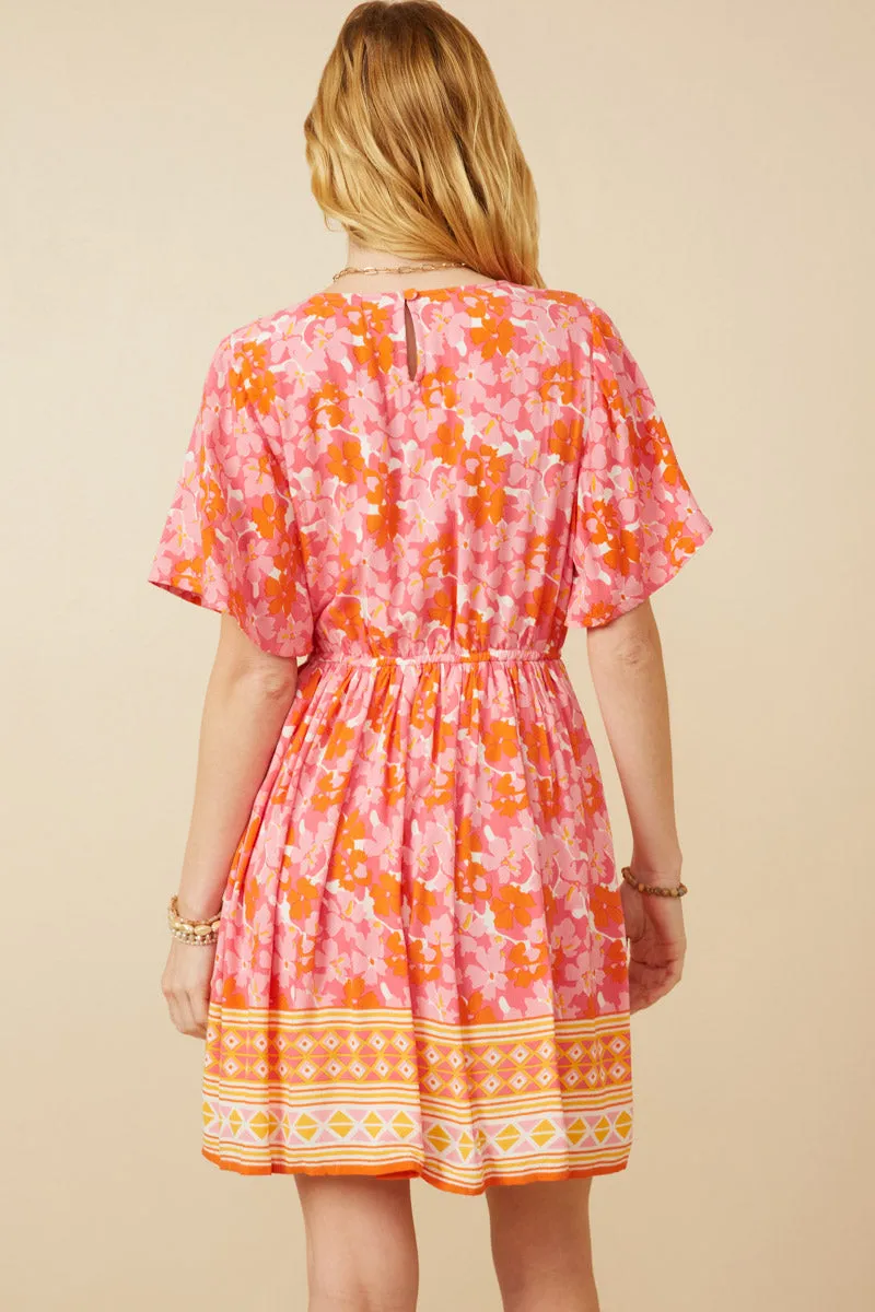 Womens Bordered Hem Floral Print V Neck Dress