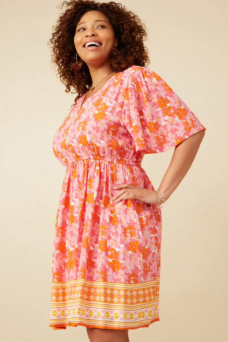 Womens Bordered Hem Floral Print V Neck Dress