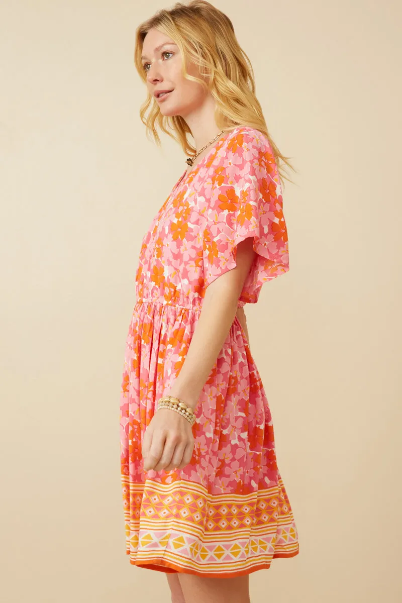 Womens Bordered Hem Floral Print V Neck Dress
