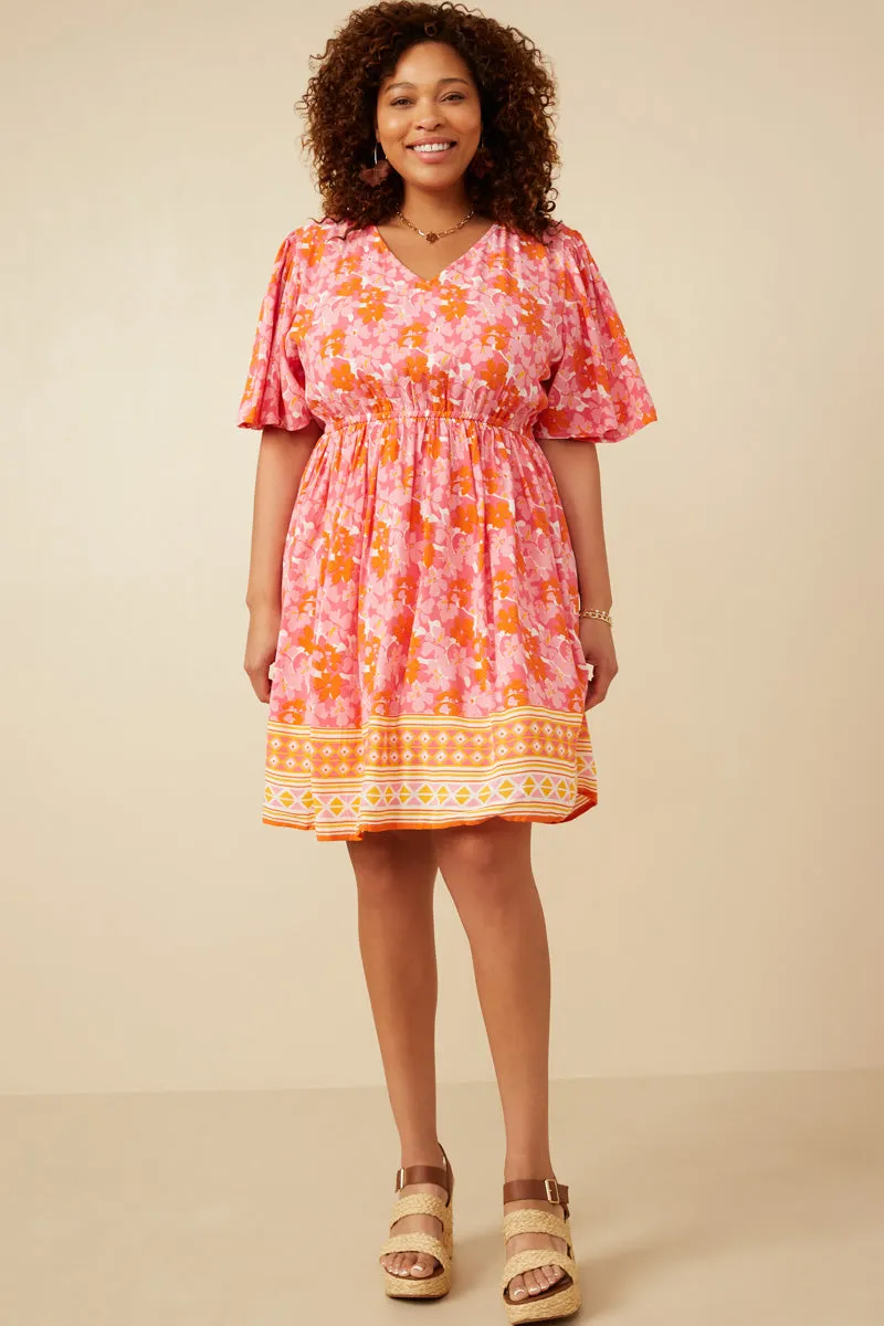 Womens Bordered Hem Floral Print V Neck Dress